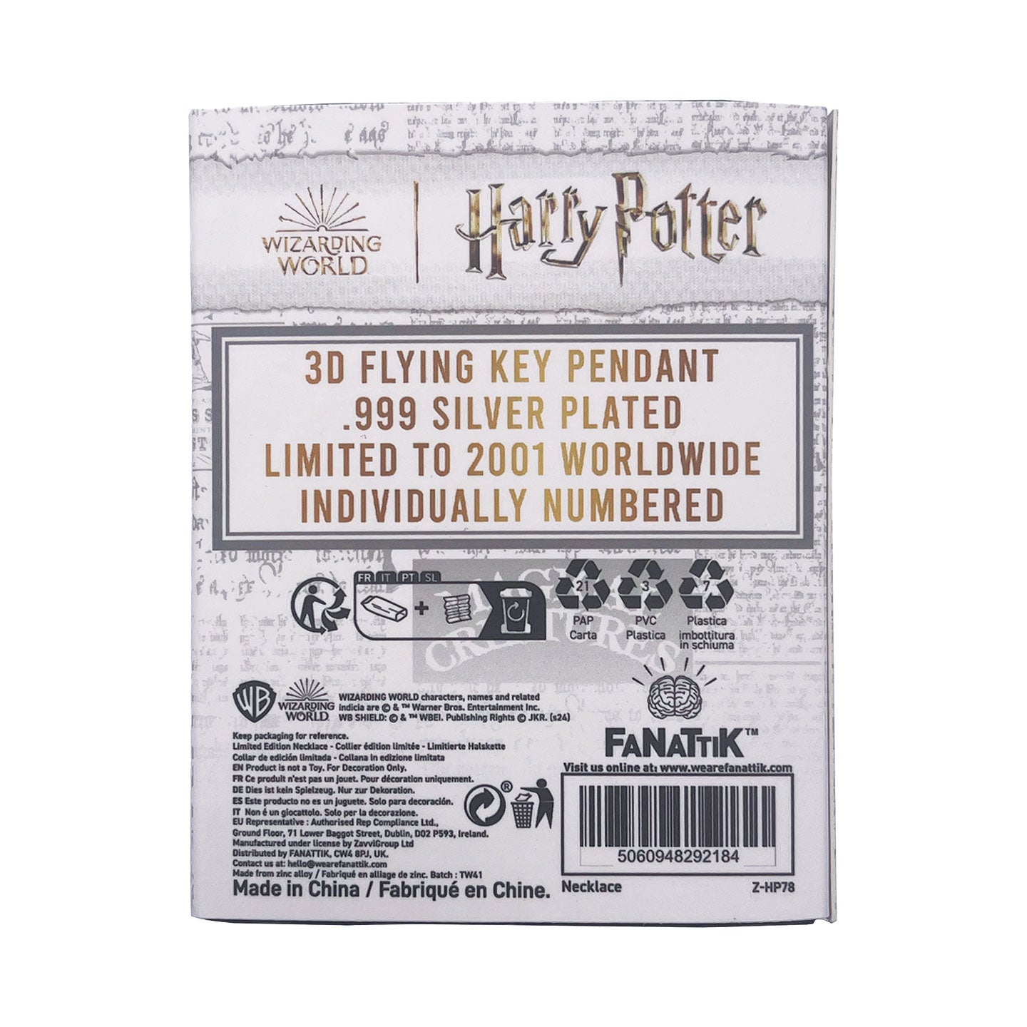 Harry Potter .999 Silver Plated Flying Key Necklace